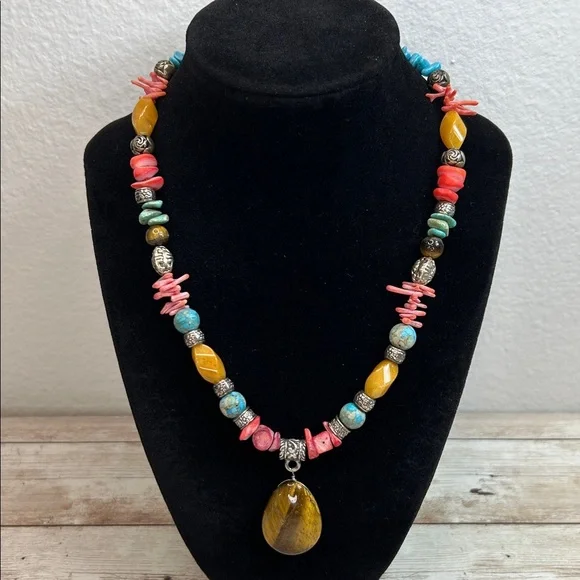 Gorgeous Coral, Turquoise and 925 Necklace with Tigers Eye Stone Pendant